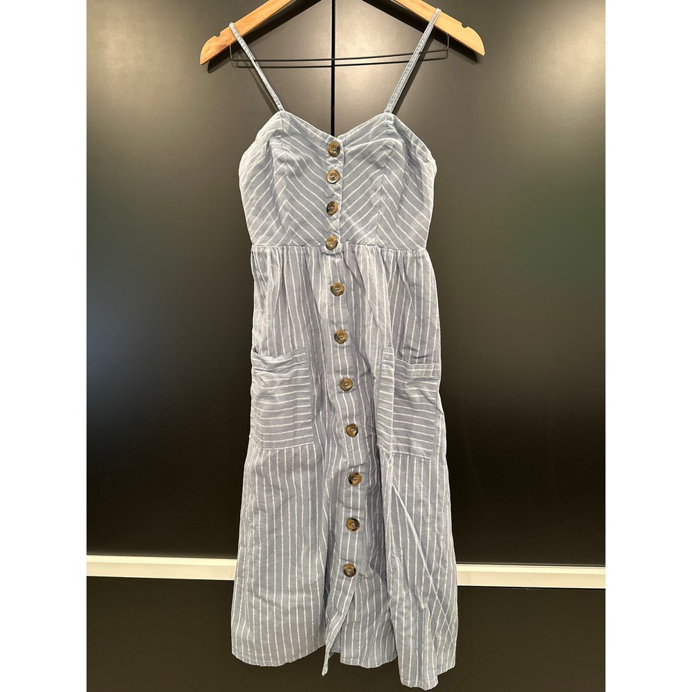 Japna Blue White Striped Cotton Midi Dress Small Button Front Smocked Sundress